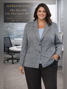 Alfred Dunner Gray Plaid Stretch Blazer - Plus Size 24W
